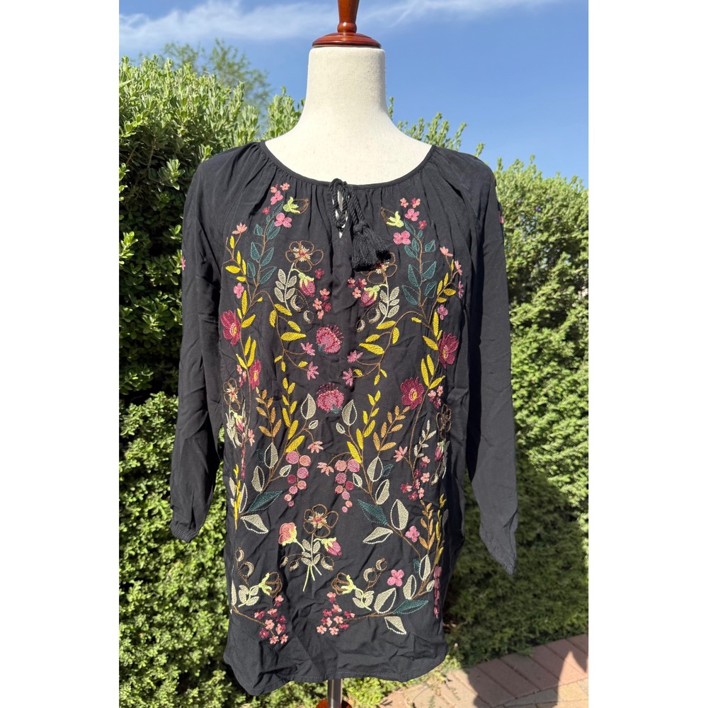 J. Jill Floral Embroidered Tassel Peasant Blouse Black Viscose Rayon Top Small